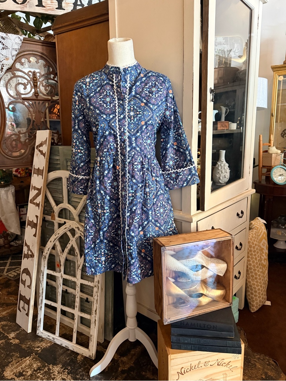 Blue Floral Lace-Trim Long Sleeve Dress